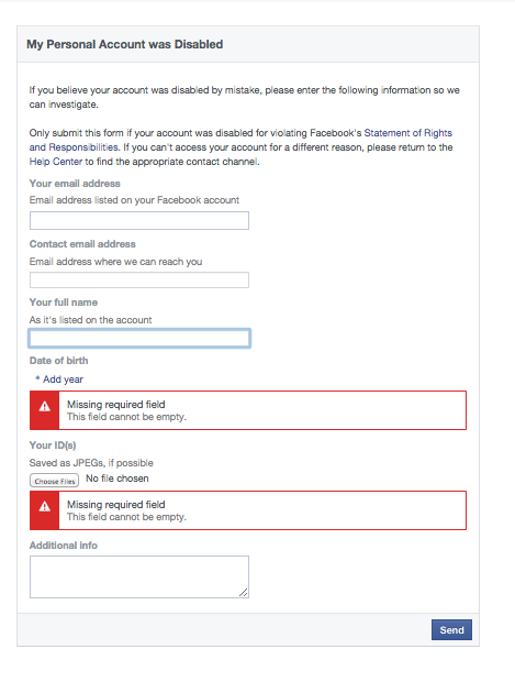 Image of screenshot from Facebook saying ID required to submit appeal