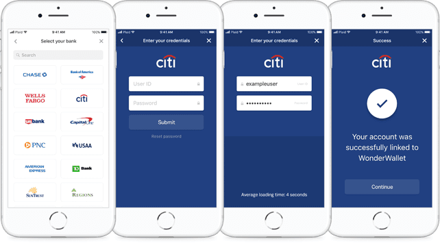 A series of mobile application screenshots showing how a user would log in to their Citi bank account with Plaid.