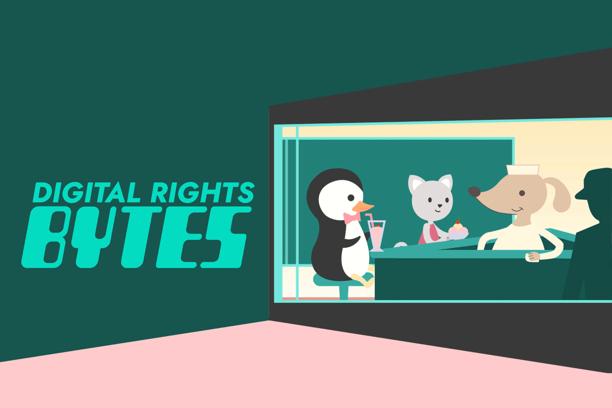 Digital Rights Bytes banner image featuring animals at a diner counter