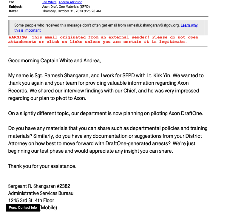An SFPD email asking for advice on using Draft One.