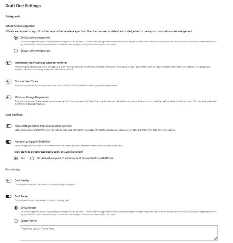 A screengrab of the settings menu within Draft One, with "Default acknowledgement," "Narration as input for Draft One, and "Default Footer" selected.