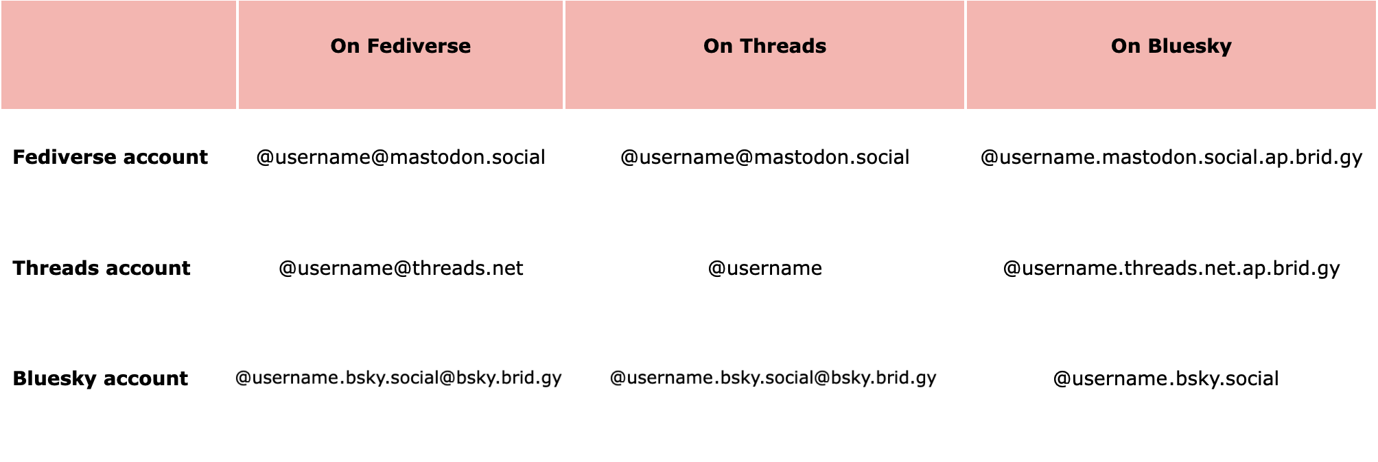 Examples of how each social media username looks on other platforms