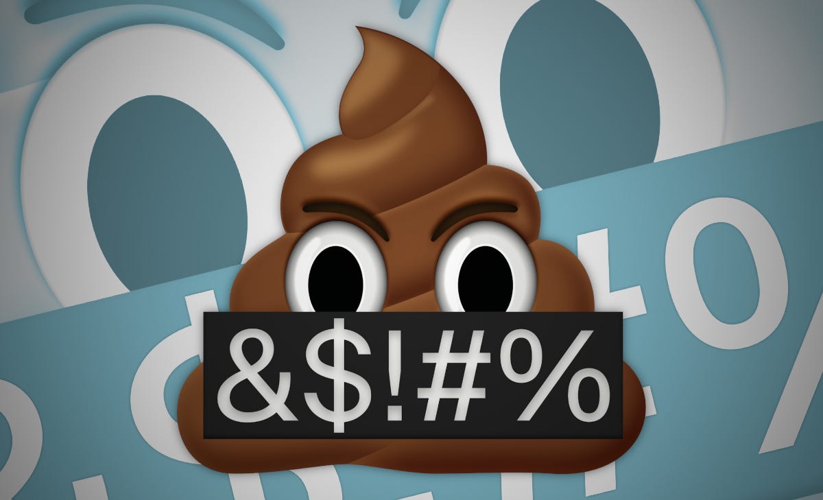 A digital illustration of an angry poop emoji holding a black sign reading "&!#%", set against a blue and gray background tiled with oversized "& !#%" characters.