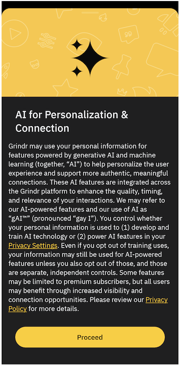 Notice entitled "AI for Personalization & Connection" describes the use of personal data for AI features. The only prominent button is "Proceed"